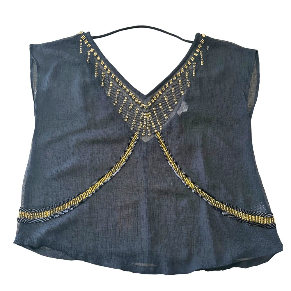 Ecoté Beaded Top Womens XS Black Gold Boho V-Neck Festival Blouse Cap Sleeve